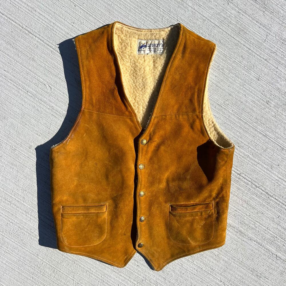 VTG 70s Luskey’s Western Suede Leather Dress Vest Cognac Mustard Gold Size 40?